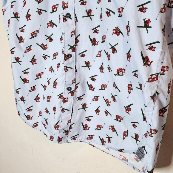 MBX skiing santa short sleeve button down shirt. Blue/Red. - Picture 14 of 16